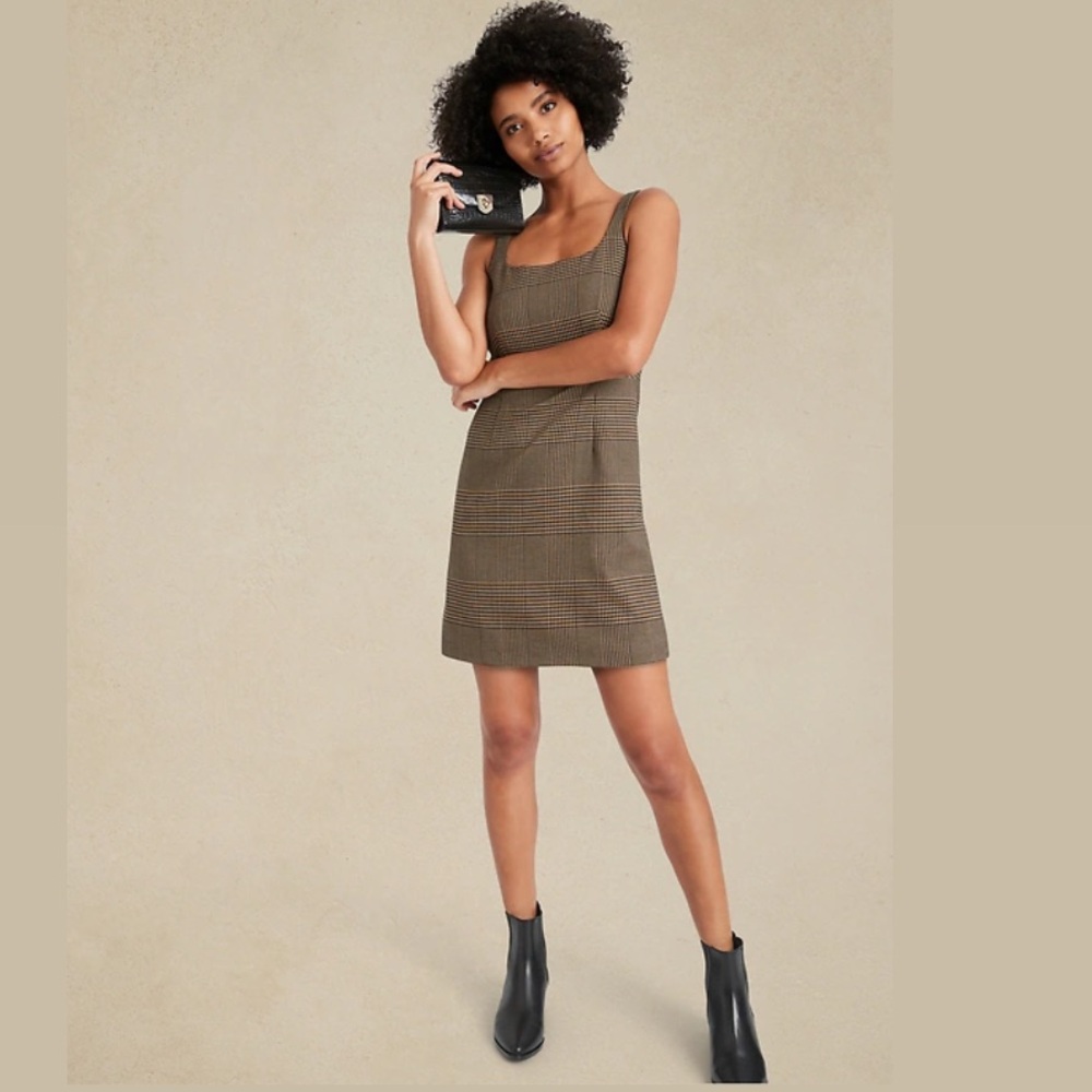 Banana Republic Tank Mini Dress Plaid Houndstooth Sleeveless A Line Academia